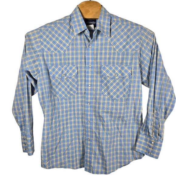 Wrangler Western Pearl‎ Snap Shirt Large Men's Long Sleeve Blue Tan Plaid - Picture 2 of 5